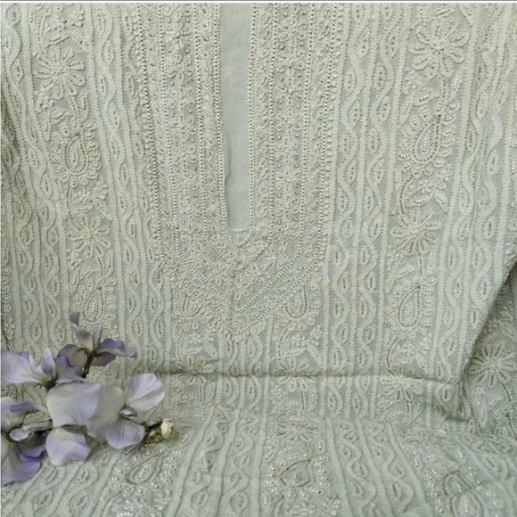 Green Chikankari Dress. Indian Dress with palazzo pants - Picture 3 of 13